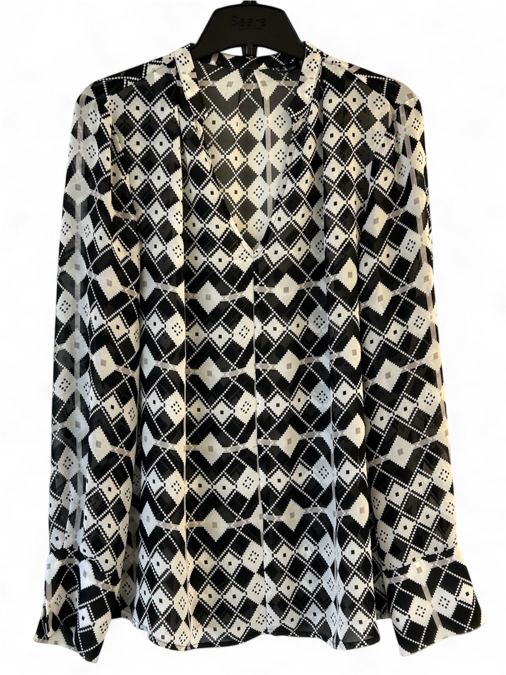 Black & Cream Geometric Print V-Neck Women's Blouse - Mexx with Tag Removed